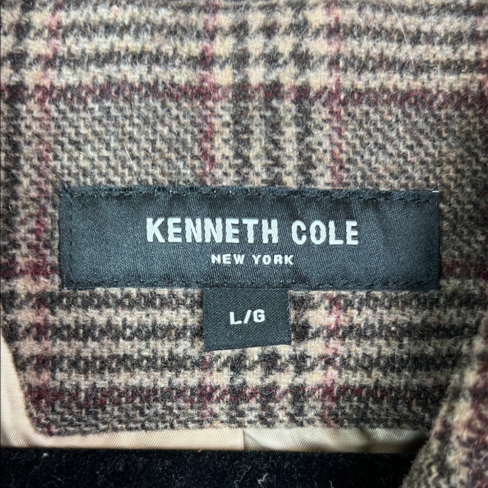 NWT Kenneth Cole Brown Checkered Pea Coat Plaid Double Breasted Wool Blend Large - Picture 3 of 9